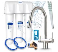 Robinet de cuisine Ari 3 voies, modèle Slender, en acier inoxydable, avec douchette extractible. Livré avec un système de filtration d'eau Aquaphor et une installation sous évier
