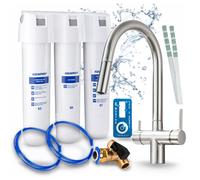 Robinet de cuisine Ari 3 voies, modèle Slender, en acier inoxydable, avec douchette extractible. Livré avec le système de filtration d'eau Aquaphor Kristall H