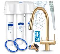 Robinet de cuisine Ari 3 voies, modèle Slender, en laiton, avec douchette extractible. Livré avec un système de filtration d'eau Aquaphor et un boîtier de filtration sous l'évier