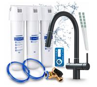 Robinet de cuisine Ari 3 voies, modèle Slender, finition noire mate, mitigeur extractible, livré avec le système de filtration d'eau Aquaphor Kristall H