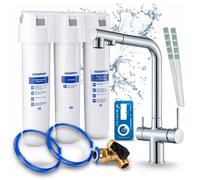 Robinet de cuisine Ari 3 voies, modèle Venom, chromé, avec douchette extractible. Livré avec un système de filtration d'eau Aquaphor, pivotant à 360°