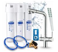 Robinet de cuisine Ari 3 voies, modèle Venom, en acier inoxydable, avec douchette extractible. Livré avec un système de filtration d'eau Aquaphor, pivotant à 360°