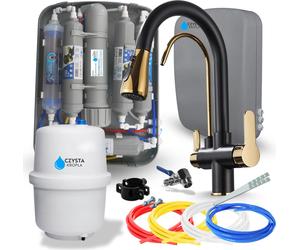 Robinet de cuisine Ari Nordic avec filtre à eau 7 niveaux, membrane 75 GPD, mitigeur avec douchette, noir et doré