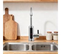 Robinet de cuisine avec chauffe-eau électrique, finition argentée, prise UE, entrée d'eau par le bas, 2 tuyaux flexibles, écran LED, protection anti-chauffe à sec et anti-fuite Argent