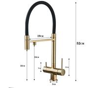 Robinet de cuisine avec filtre à eau - Robinet à deux becs pour l'eau potable - Acier inoxydable 304 - Eau chaude et froide - Mitigeur - Bec extensible et flexible - Finition or brossé