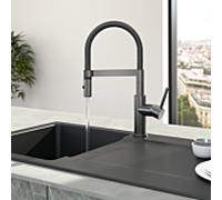 Robinet de cuisine compact Villeroy & Boch Steel Expert 92730005, 5,4 l/min, inverseur jet/spray, acier inoxydable, anthracite mat