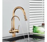 Robinet de cuisine élégant rétro en laiton à 3 voies avec pulvérisateur extractible - Robinet mélangeur à double levier pour osmose inverse et système de filtration d'eau - Design élégant 3 en 1 en