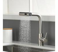 Robinet de cuisine en acier inoxydable Unyqoos®, finition brossée, douchette extractible de 38 cm, pivotant, 2 types de jets (cascade/direct), installation sans outils