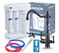 Robinet de cuisine rétro 3 voies, modèle Ari, finition noire mate, livré avec un système de filtration d'eau Morion 101S d'Aquaphor et un système d'installation sous évier