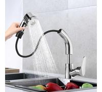 Robinet de cuisine Unyqoos®, avec tuyau rétractable de 60 à 75 cm et bec rotatif à 360°, fonction jet doux/jet douche, hauteur réglable de 7,5 cm, finition chrome, cartouche en céramique, alliage de z