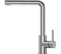 Robinet de cuisine Unyqoos® en acier inoxydable 304, extractible avec régulateur de débit, mélangeur monocommande haute pression, rotatif à 360°, forme en L, inclut 2 tuyaux d'alimentation de 600 mm