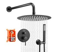 VEVOR Ensemble de Robinetterie de Douche Encastrable, Système de Douche de Pluie avec Pommeau de Tête Rond de 20,3 cm, Douchette à Main et Kit de Garniture, Fixation Murale, Salle de Bain, Noir Mat