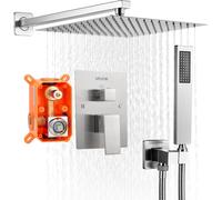 VEVOR Ensemble de Robinetterie de Douche Encastrable, Système de Douche de Pluie avec Pommeau de Tête Carré 30,5 cm, Douchette à Main et Kit de Garniture, Fixation Murale, Salle de Bain, Nickel Brossé
