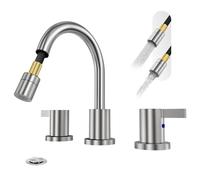 Robinet de lavabo à douchette extractible, finition nickel brossé, entraxe de 20 cm (8 pouces), 2 poignées, 3 trous, avec bonde escamotable et tuyau d'alimentation en eau, BF04022-K01-GBN
