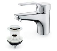 Robinet de lavabo chromé en laiton, à une seule trou, avec système de bonde à clapet