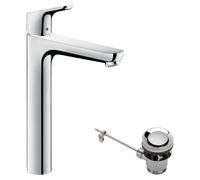 Robinet de lavabo, diamètre 230 mm, bec haut, finition chrome, avec bonde à clapet