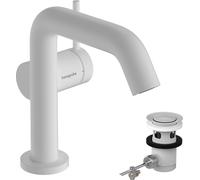 robinet de lavabo monocommande hansgrohe Tecturis S, finition blanc mat, avec technologie CoolStart et EcoSmart+, comprenant un mécanisme de vidange à tirette