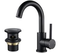 Robinet de lavabo, noir, en laiton, pivotant à 360°, avec bonde à clapet