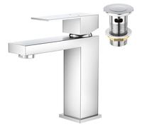 Robinet de lavabo rectangulaire, mitigeur à levier unique, chromé, avec bonde à clapet