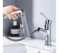 Robinet de lavabo Unyqoos® en laiton avec douchette extractible – Mitigeur à un levier, 2 types de jets (aérateur et jet douche), chromé, cartouche en céramique, tuyaux d'alimentation de 50 cm, diamèt
