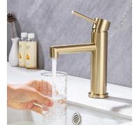 Robinet de lavabo Unyqoos® finition or mat – Robinet mélangeur pour salle de bain, en acier inoxydable, hauteur 185 mm (bec de 105 mm), aérateur amovible M16, cartouche en céramique, tuyaux de raccord