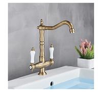 Robinet de salle de bain, Cuisine de luxe doré Robinet d'évier d'eau pure Deux poignées en céramique Purification l'eau chaude et froide mélangeur Tapis pont monté(Antique Brass B)