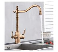 Robinet de salle de bain, Cuisine de luxe doré Robinet d'évier d'eau pure Deux poignées en céramique Purification l'eau chaude et froide mélangeur Tapis pont monté(Antique Brass A)