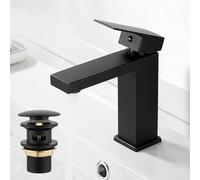 Robinet de salle de bain, noir, mitigeur de lavabo avec bonde pop-up, mitigeur monocommande, mitigeur de lavabo, carré, avec drain, acier inoxydable