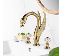 Robinet d'évier de salle de bain en forme de cygne doré poli à 3 trous robinet de lavabo 2 boutons en cristal robinet mitigeur pont robinet oiseau