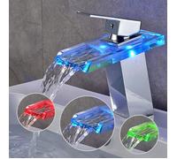 Robinet Lavabo avec LED RGB Mitigeur de Salle de Bain Cascade avec 3 Changements de Couleur Robinet Cascade Verre en Laiton Chromé
