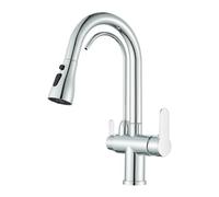 Robinet moderne 3 en 1 à arc élevé - Filtre à eau - Purificateur d'air - Robinets de cuisine - Double poignée extensible - Évier de cuisine - Robinet pivotant à 360° - Chrome