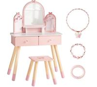 ROBUD Coiffeuse Enfant avec Miroir et Tabouret, Table de Maquillage Fille avec Tiroirs et Accessoires, dès 3 Ans, Rose