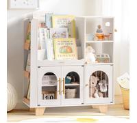 ROBUD Meuble de Rangement Jouets et Livres en Blanc Bois pour Enfants, Bibliothèque avec Étagères, Placards et Patères