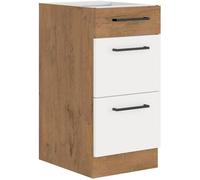 ROCK - Meuble bas casserolier - Mélaminé chêne Lancelot et Blanc brillant - 40 cm - 3 tiroirs - Plan de travail non inclus