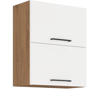ROCK - Meuble haut - Mélaminé chêne Lancelot et Blanc brillant - 60 cm - 2 portes basculantes
