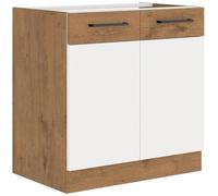 Rock - Meuble sous évier - Mélaminé chêne Lancelot et Blanc brillant - 80 cm - 2 portes battantes - Plan de travail non inclus