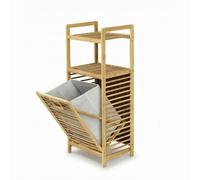 rockible Organisateur Panier à Linge Meuble de Rangement Bambou Colonne Compacte Étagères Ajourées et Panier Basculant Tissu Adapté à Petite Buanderie Couloir Studio
