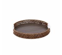rockible Plateau de Service Rond Plateau de Présentation Plateau Panier Plateau de Rangement Relief Tissé Base en Bois Poignées, 31 Cm, Rond, Motif Floral Foncé, Base en Bois, Grand