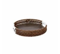 rockible Plateau de Service Rond Plateau de Présentation Plateau Panier Plateau de Rangement Relief Tissé Base en Bois Poignées, 23 Cm, Rond, Motif Floral Foncé, Base en Bois, Petit