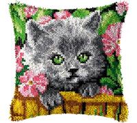 ROCKY&CHAO Kit de crochet : housse de coussin à faire soi-même avec motif chat mignon 43 x 43 cm, artisanat au crochet pour débutants, enfants et adultes, décoration d'intérieur faite à la main