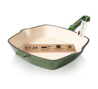 Römertopf Poêle carrée en fonte 24 cm - Poêle à steak avec revêtement émaillé, tous les types de feux, y compris l'induction, passe au four 250 °C, rôtir sans graisse, sans PFAS, vert foncé