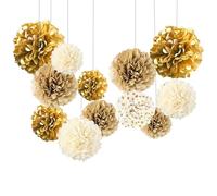 ROEOWENE 12PCS Pompons Papier de Soie Lanterne en Papier à Suspendre Boule Fleur Pompon Papier Guirlande de Pompons Anniversaire Décorations pour Décoration Suspendre de Plafond Fête,Mariage-Or Blanc