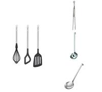 Rösle Coffret Gourmet de base+Écumoire Plate à Gros Trous - Cuillère à Égoutter avec Manche en Forme de Crochet+Pince de Cuisine Universelle +Louche - Ustensile de Cuisine Inox pour Soupe