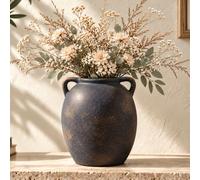 RoiYeel Vase en Céramique H19 cm Japandi avec Anses, Déco Vintage Wabi-Sabi | Vase Céramique Peint à la Main, Patine Bronze, Anses, Pampa et Fleurs Séchées, Japandi Wabi-Sabi, Déco Table, Bronze Antique