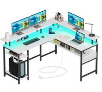 Rolanstar Bureau Gaming 137×108 cm - Bureau d'angle Ordinateur avec LED RGB, Prise USB/Électrique, Étagères Réglables - pour Jeu Travail Étude(Blanc)