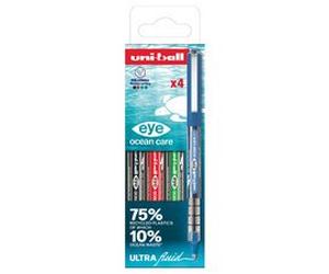 Roller uniball ocean care ecriture moyenne pointe 0,7mm encre liquide coloris assortis pochette 4 unites