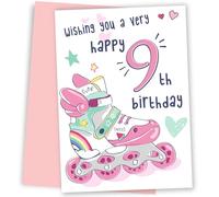 Rollerblades Carte d'anniversaire de 9 ans pour fille | Patinage à roulettes et patinage - Carte d'anniversaire pour petite-fille, fille, sœur ou nièce, 9e anniversaire, rose