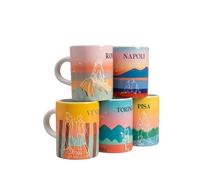 RollitPop Lot de 5 tasses à café 80 ml avec 5 soucoupes - Villes italiennes illustrées (Turin, Naples, Florence, Rome, Pise) et Lineart Hellolines, idée cadeau et design à collectionner