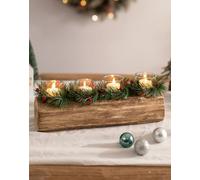 Romadedi Bougeoir bûche de Noël en Bois avec 4 photophores, 40 cm | Comprend quatre mini couronnes de conifères et baies rouges, pour table, cheminée et décoration de l'Avent