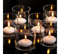 Romadedi Photophore Bougeoir Verre Pied Lot de 24 Transparent Supports pour Bougies Chauffe-Plat Flottantes Votives Décoration de Maison Salon de Mariage Fête Centre de Table, 5,7x5cm